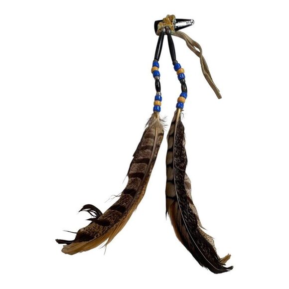Vintage Handcrafted Feather Hair Clip Beaded Accents & Leather Ties Boho Style - Picture 1 of 7